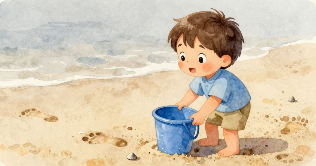 敘述者在沙灘上發現濕潤足跡，引向翻倒水桶及滑動貝殼，細節豐富，光影分明。