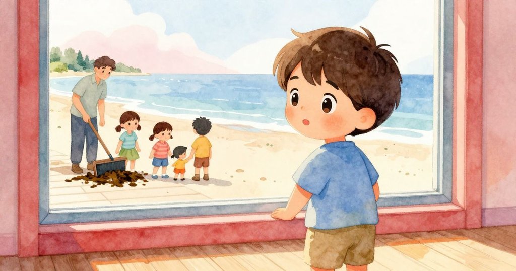 透過大窗戶望出，敘述者見到家人於木棧道交談，園丁鏟除海藻，晨光柔和，景色溫馨。