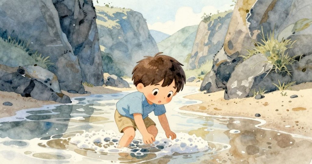 敘述者探索沙灘隱藏的濕谷，泡沫短暫出現後消失，營造出神秘通道，充滿探險氣息。