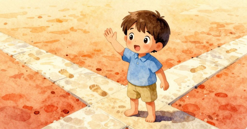 敘述者在沙灘交叉處舉手打招呼，面臨分岔路口，足跡指引方向，充滿期待與決心。