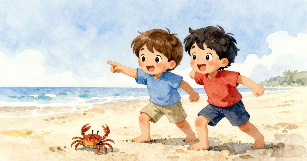 敘述者與弟弟在寬闊海灘重逢，弟弟指向揮手螃蟹，快樂互動，面對光明未來與開放海岸。