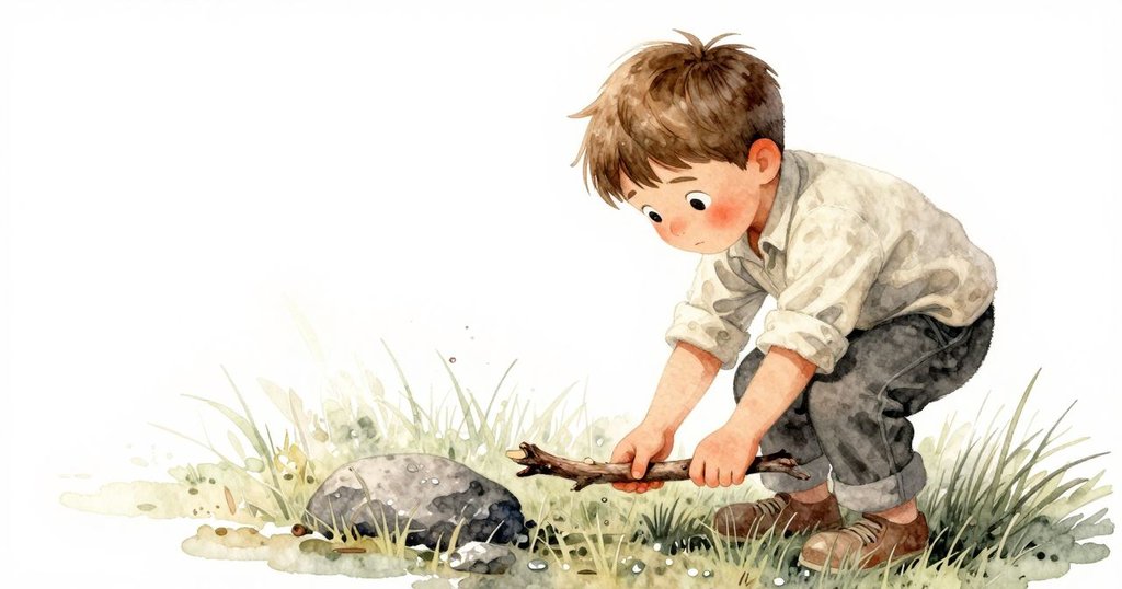 Eli彎腰拾起一根小棍，濕潤的草地映襯著晨曦，腳步輕盈展現好奇與專注。