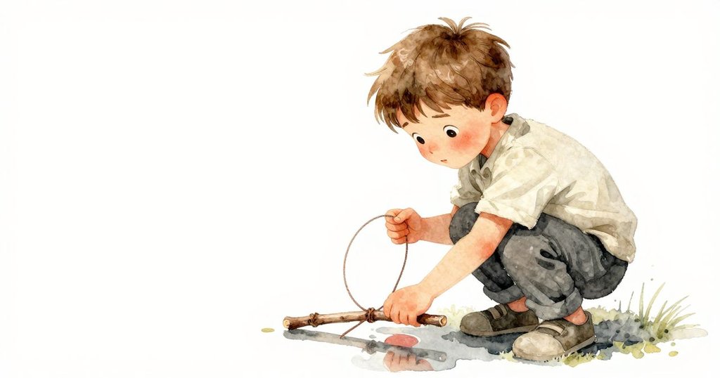 Eli集中精神將細繩繞在樹枝上，身旁小水坑映出他專注的面容，晨光柔和溫暖。