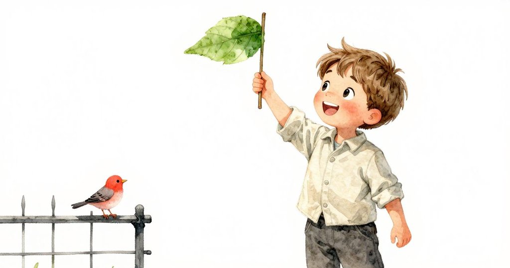 Eli興奮地揮舞著綠色旗幟，旁邊的故事書與鳥兒在籬笆上鳴叫，營造出發現新奇的歡樂氛圍。