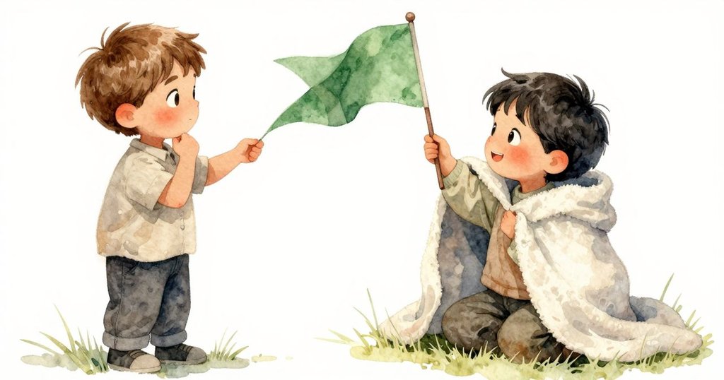 Eli舉起綠旗向Winter致意，濕草與落葉在柔光下映出轉變和希望的象徵意義，場景溫馨結尾。