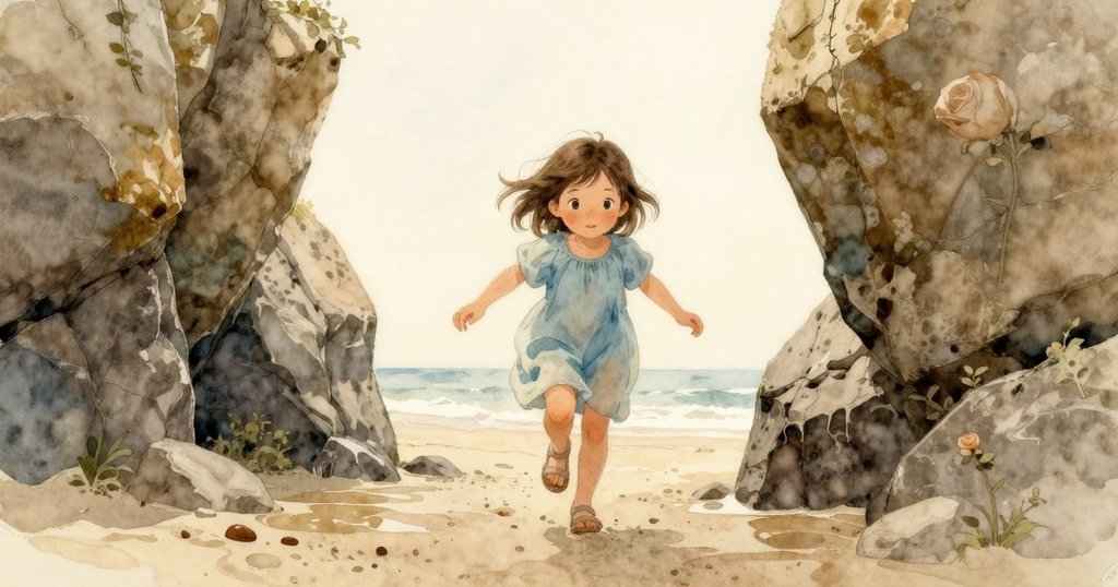 Tara踏上濕沙，走向兩塊黑岩形成的狹縫，晨光柔和，海浪低語，帶著探索心情開始冒險。