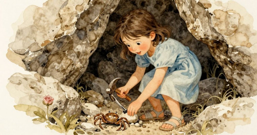 Tara彎腰透過狹縫觀察，一隻小螃蟹拿著破錘輕敲小石子，岩石環境中充滿神秘海邊風情。