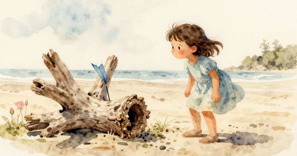 Tara站在破舊漂流木前，觀察木內深洞和藍色風箏尾，綠漆斑駁，光線柔和變幻，氣氛詩意。