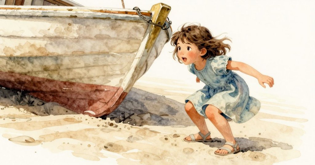 Tara蹲伏於傾斜小船旁，注視一塊扭動光亮木板猶豫穿透景象，臉上流露堅定與疑惑，光影交錯。