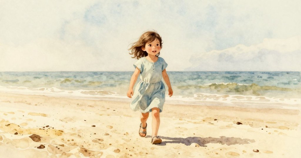 Tara充滿自信地站起身，沿著明亮海岸邁步向前，夕陽灑落，視線遠及新的旅程，寓意未來充滿希望。