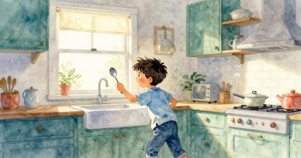 Corbin站在溫暖的廚房中，迎接晨光從窗外灑入，銀匙在櫃台上閃爍，顯示出充滿期待的神情