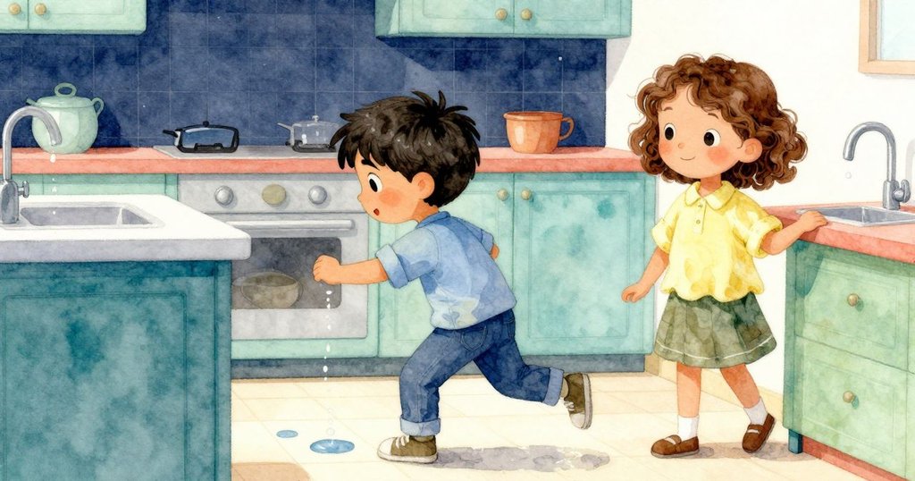 從背後看見Corbin小心翼翼地走過地上的水漬，近旁有一個輕微滴水的水龍頭，氛圍溫馨