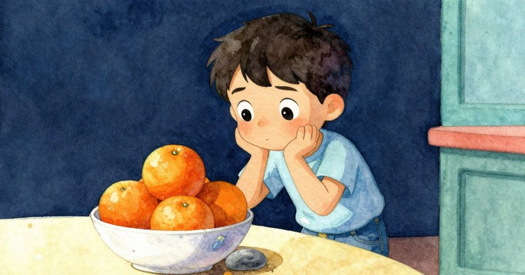 Corbin在果碗旁停下，凝視著藏在鮮亮橙子中的小灰石，臉上流露出深思與好奇