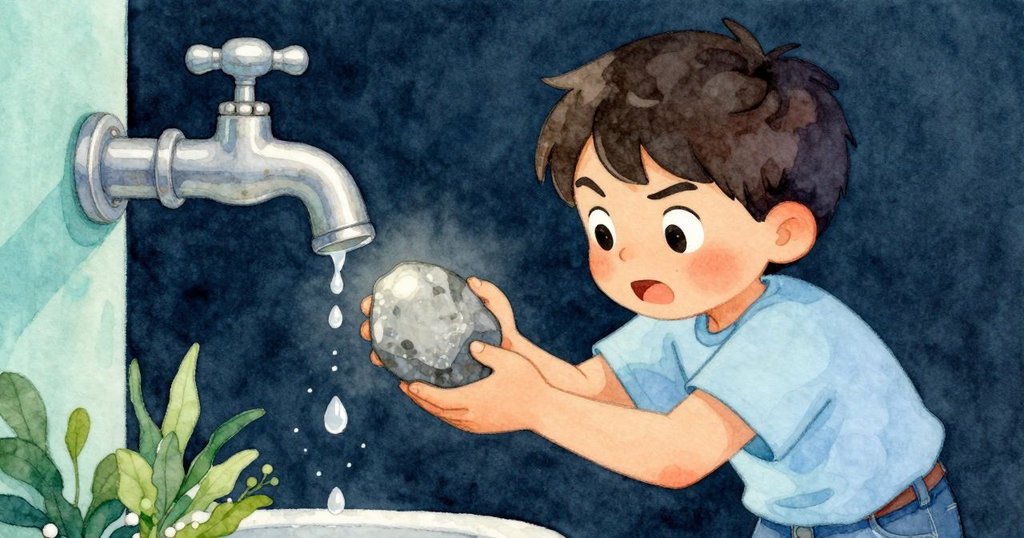 Corbin專注凝視著發光的灰色小石，靠近輕微滴水的水龍頭，象徵著靜謐的發現和內心的感慨
