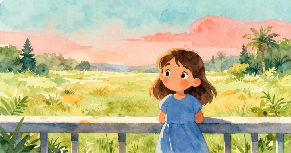 Zara在明亮日光中站在欄杆旁，透過狹窄空隙窺視，草地上旋轉著落葉，充滿期待與好奇心。