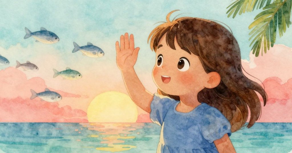 Zara抬手遮陽，近景中柔和光線下銀魚躍動，她神情充滿驚喜和期待，光影溫暖。