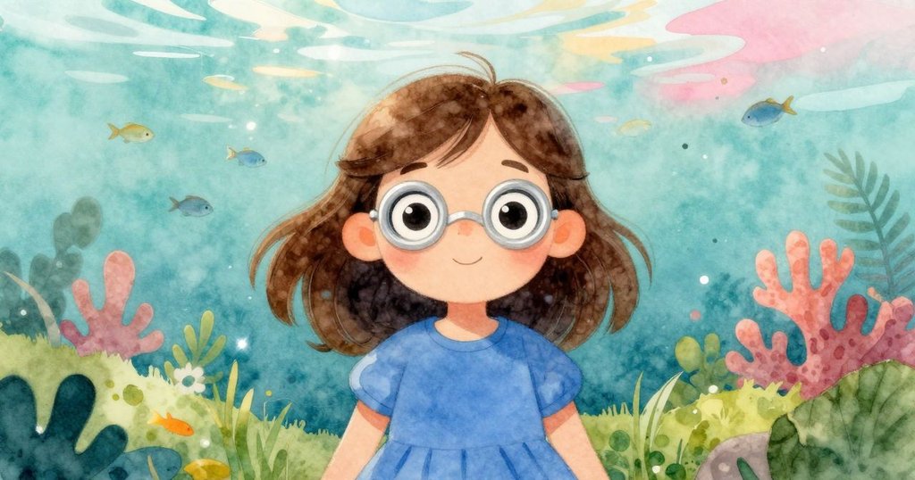 從銀魚視角觀看，水中光線閃爍，綠草和遠處的身影模糊呈現，自然景象神秘生動。