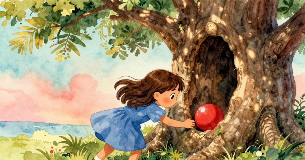 Zara在古橡樹前彎身探查暗處，專注尋找隱藏的紅球，神情中透露著決心與一絲緊張。