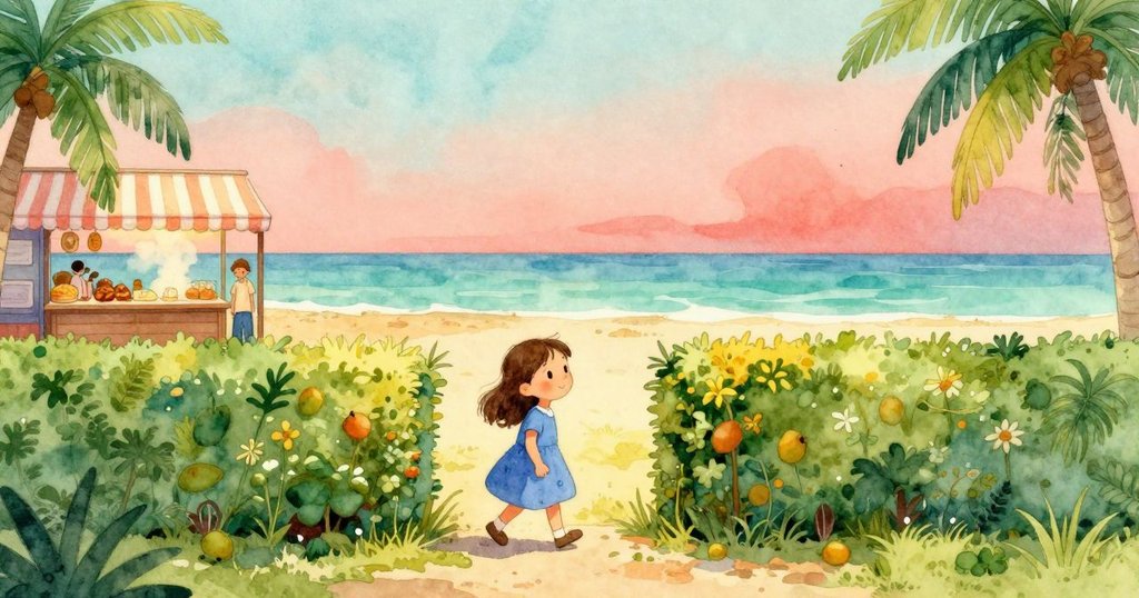 Zara穿過茂密綠籬，眼望遠處散發暖蒸氣的麵包店，步伐堅定展開新旅程，充滿希望與決心。