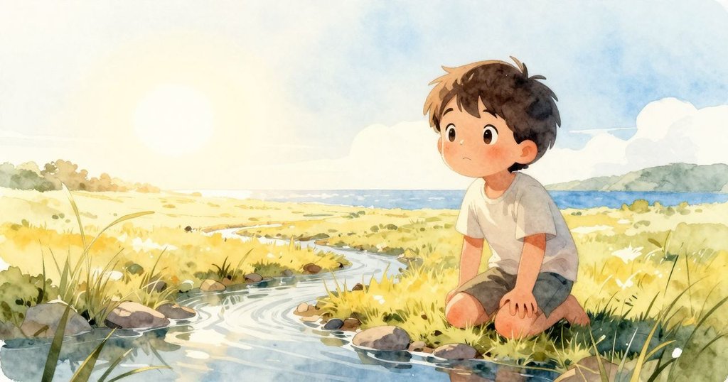 在晨曦中, Yannick 緩步靠近小溪, 膝跪觀察水面, 神情好奇, 自然環境中充滿溫暖希望。