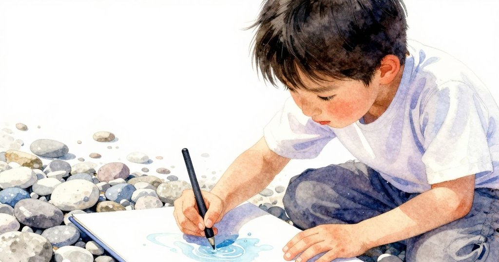 在柔和晨光中, 老師專注於紙張書寫, 近鏡展現水面上細膩的鵝卵石紋理, 表情平靜深思。