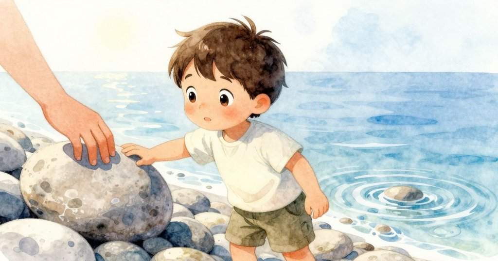 Yannick 輕觸光滑石面, 分割畫面左側動作清晰, 右側水波輕漾, 展現大自然與童真互動。