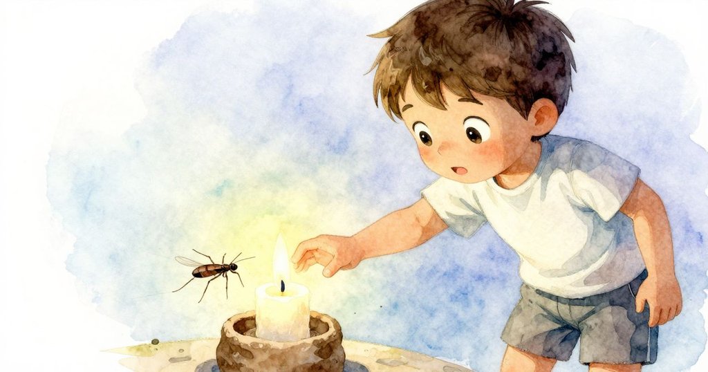 在淡綠光影中, Yannick 輕輕推動放於泥土上的淡蠟燭, 映出水面上昆蟲飛梭, 營造靜謐神秘氛圍。