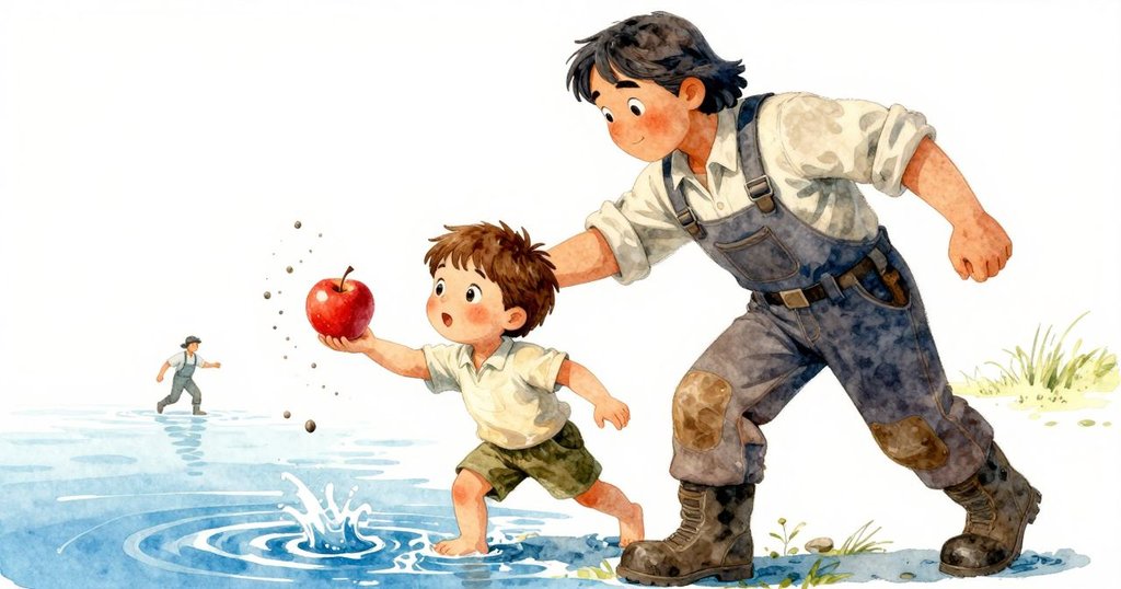 Yannick 輕彈閃亮紅蘋果, 蘋果輕撞鵝卵石, 背景農夫匆匆經過, 呈現生動互動與探索精神。