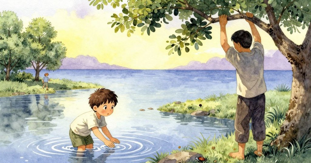 Yannick 輕拍涼水, 水波舒展漸淡, 甲蟲躲藏於樹皮下, 隨後向樹林邁步, 散發平和與滿足感。