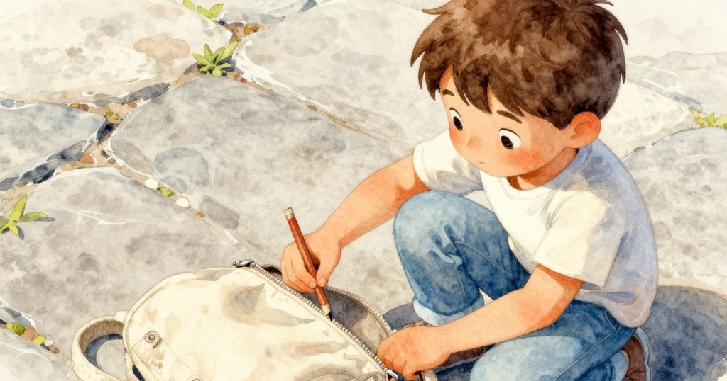 Xavier正小心翼翼地從畫布袋中取出精心削好的鉛筆，局部呈現石凳與遠處噴泉的一角，滿含期待與專注的情緒。