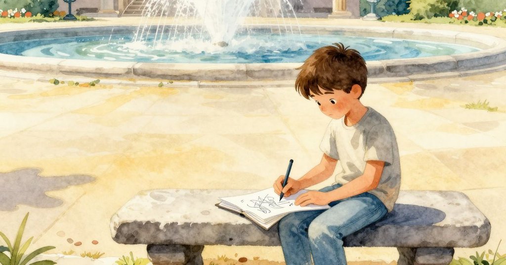 Xavier坐在暖石凳上專注繪畫，背景空曠中展現Orla摺疊的羊毛外套，營造出專注與孤獨的氛圍。