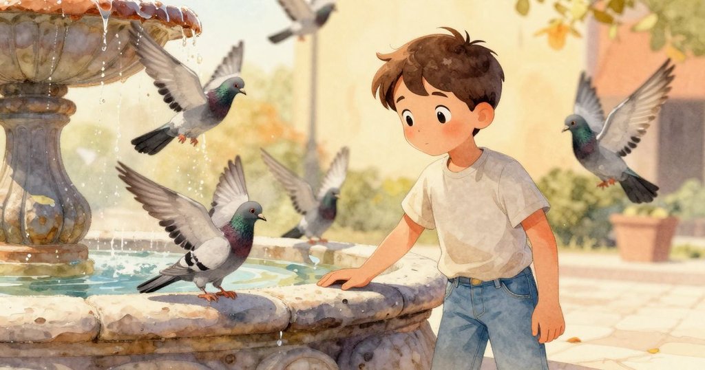 Xavier沿噴泉邊緣輕觸潮濕石面，鴿子在腳邊飛舞，夏日午後的溫暖氛圍充滿自然情趣。