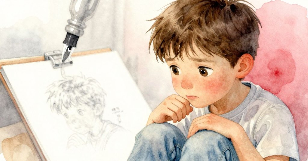 Xavier專注地凝視潦草的素描頁面，表情中透露猶豫與決心，背景中噴泉朦朧映襯內心的矛盾情感。