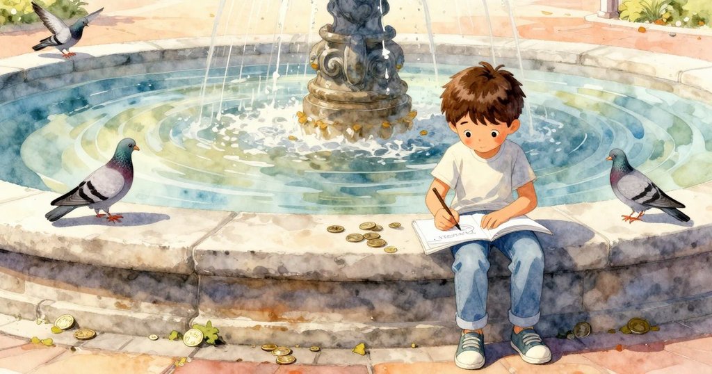 全景展現Xavier在石凳上認真作畫，周圍噴泉、硬幣與鴿子共同構成宏大自然場景，畫面充滿和諧與活力。