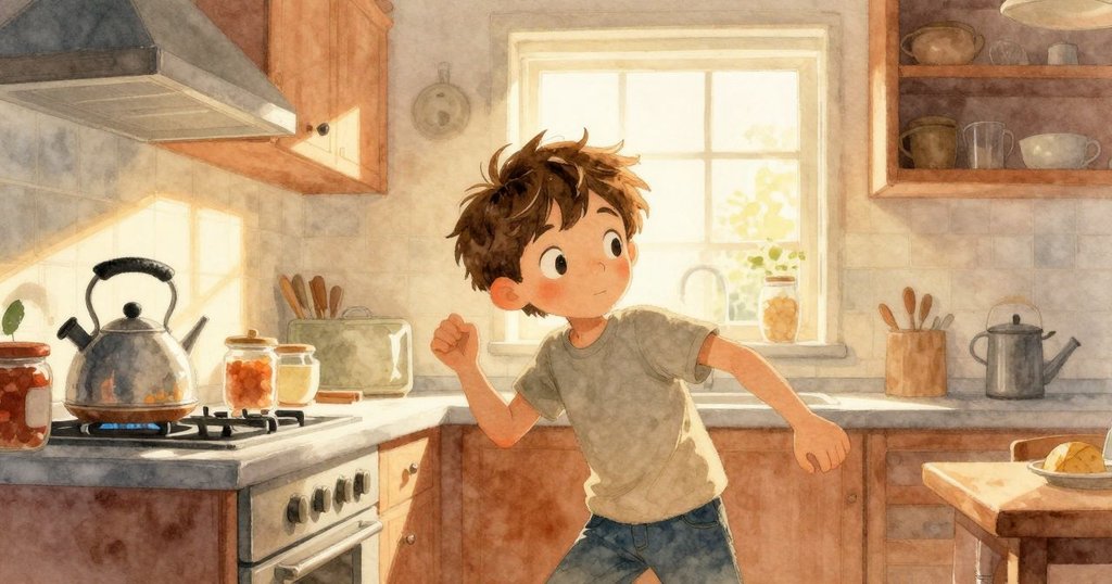 科爾在溫暖的廚房中開始新的一天，窗外部分日光灑入，水壺嗡嗡作響，呈現充滿期待的早晨。