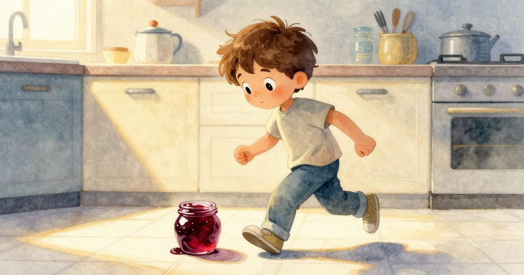 科爾輕步走向固執的果醬瓶，腳步印在瓷磚上，展現出對細節檢查的謹慎與好奇。