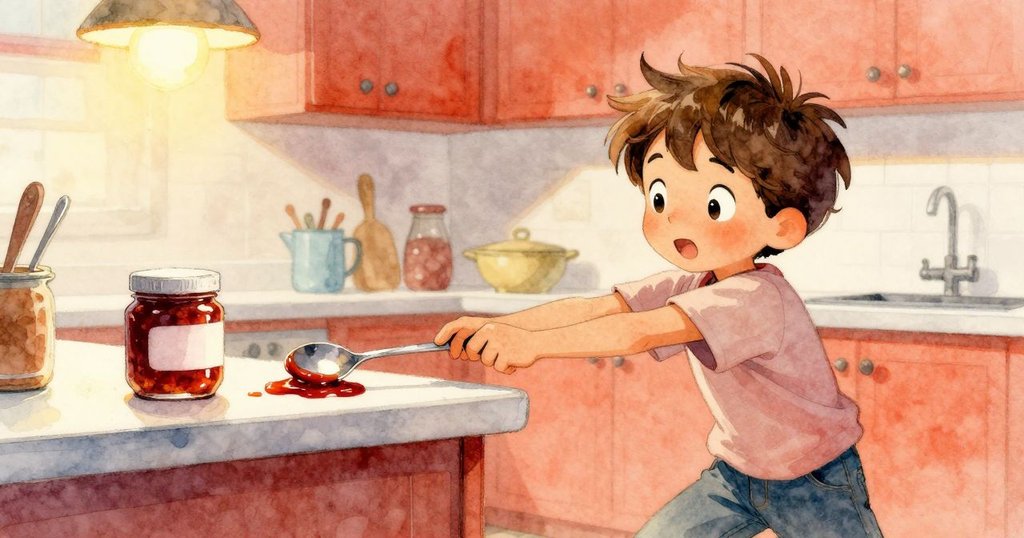 科爾發現果醬黏性的妙用，小心拖出黏條並壓下湯匙作為止滑措施，神情專注自信。