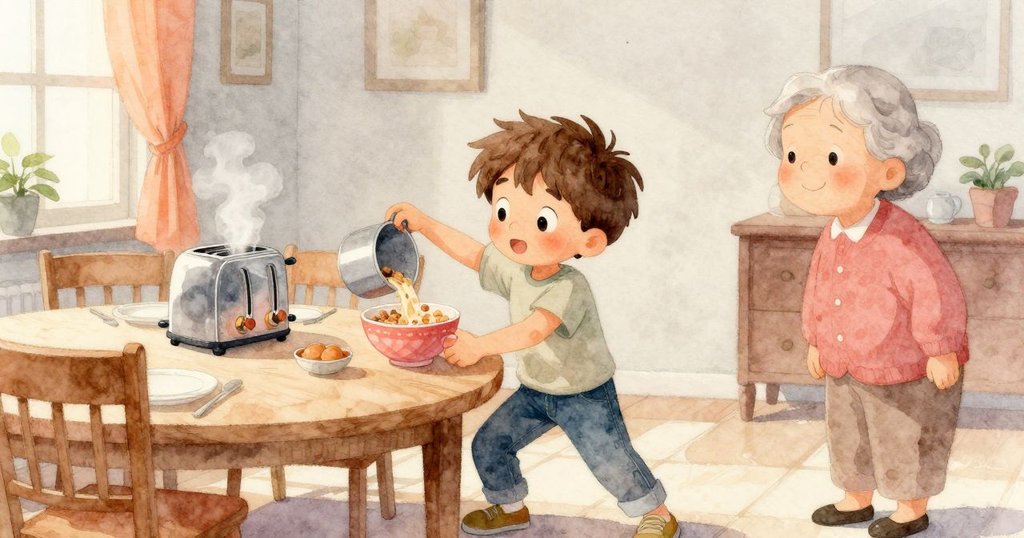 科爾在餐桌邊倒穀物，背景中祖母靜靜觀察，烤麵包機忽然發響散出蒸氣，呈現平靜而略帶神秘的結局。