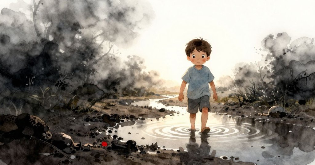 Hector在清晨走向水坑, 水面泛起漣漪, 陽光透過薄雲灑落, 表情充滿好奇, 故事起始情景