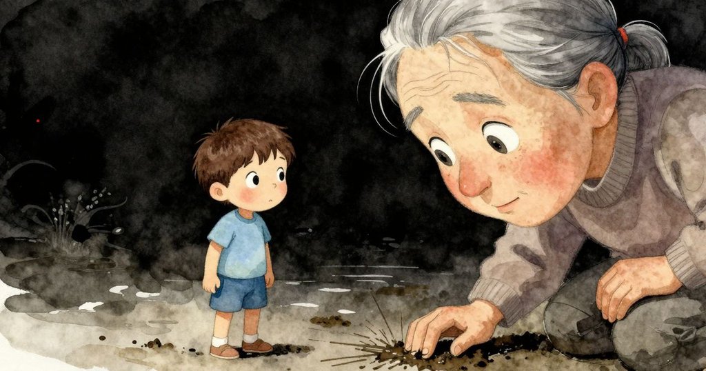 Hector凝視泥邊細紋, 眼神專注且充滿好奇, 近距特寫展現探索情感, 故事進入發展階段