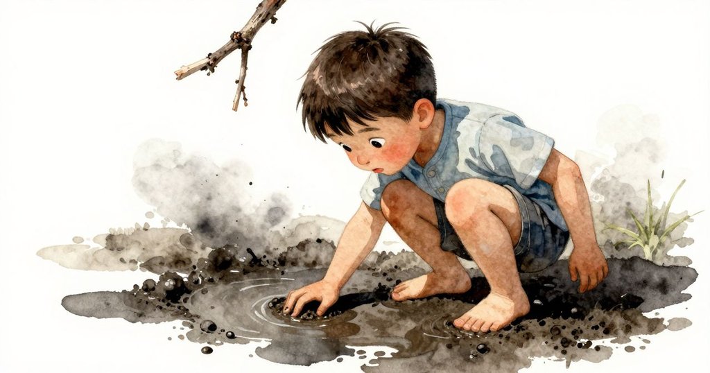 Hector蹲於水邊探索泥痕, 手指輕觸細線, 枝條在上方搖曳, 視角傾斜增加動感