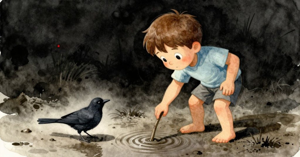 Hector用光滑木棒輕撥水面, 破壞靜止泥痕與浮動漣漪, 黑鳥靜觀一旁, 動靜結合呈現