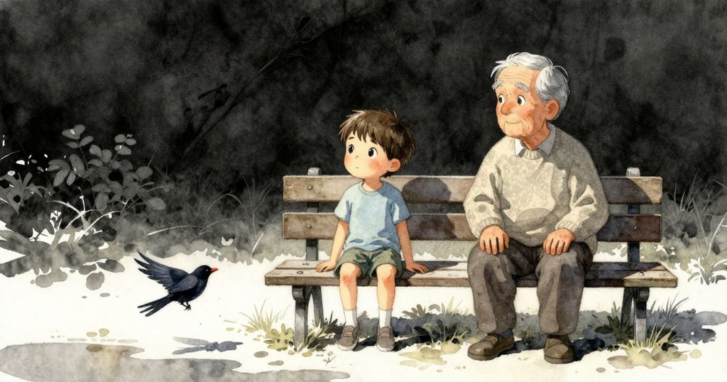 Hector與長者在水坑旁相映, 溫柔互動伴隨黑鳥飛舞, 安靜氛圍中有細微聲響, 故事情感展現