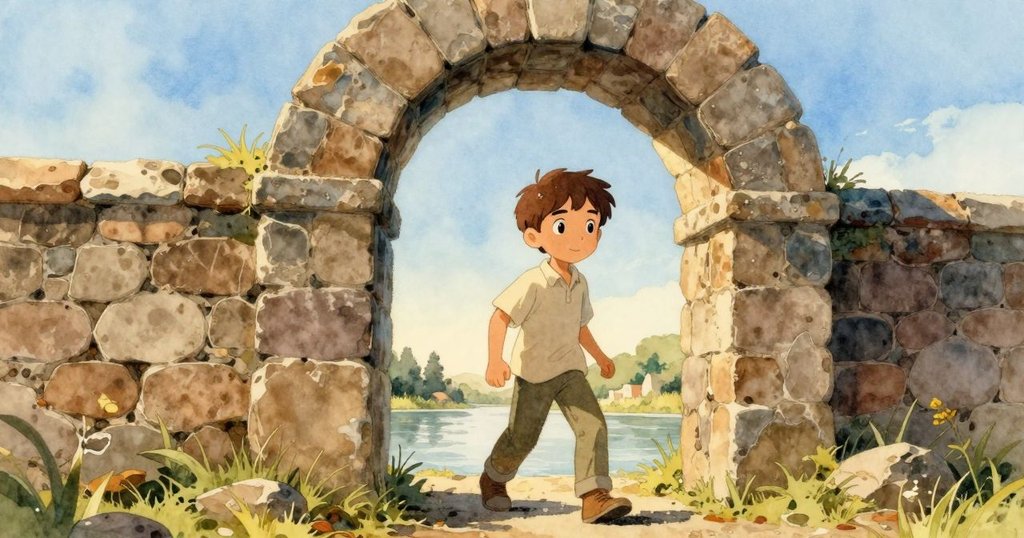 Felix走入河畔,穿越石頭形成的拱門,陽光灑落,充滿期待與冒險感,展現故事開端