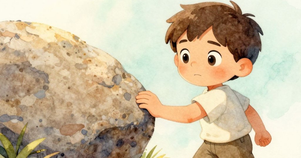 Felix的手細看一塊石頭,表面細膩紋理清晰,柔和陽光下展現自然細節與探索精神