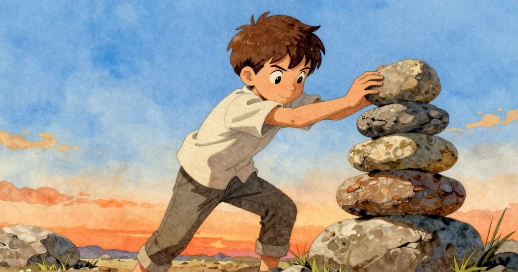 Felix以傾斜視角搭建石塔,動態構圖展現他專注堆疊不規則石塊的挑戰與冒險精神