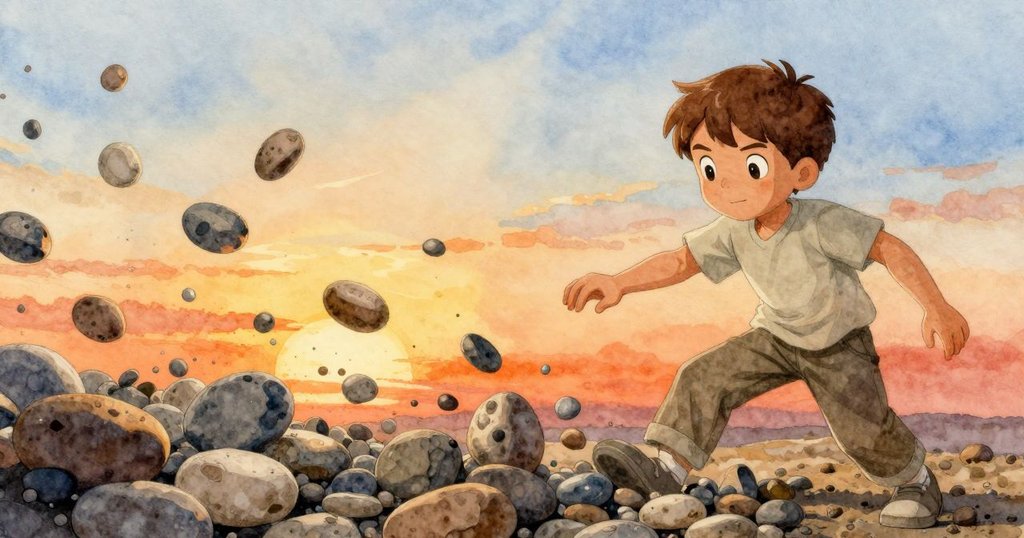 Felix驚訝看著石塔倒塌,石子滾向河邊,夕陽映照下展現連鎖反應和意外變故