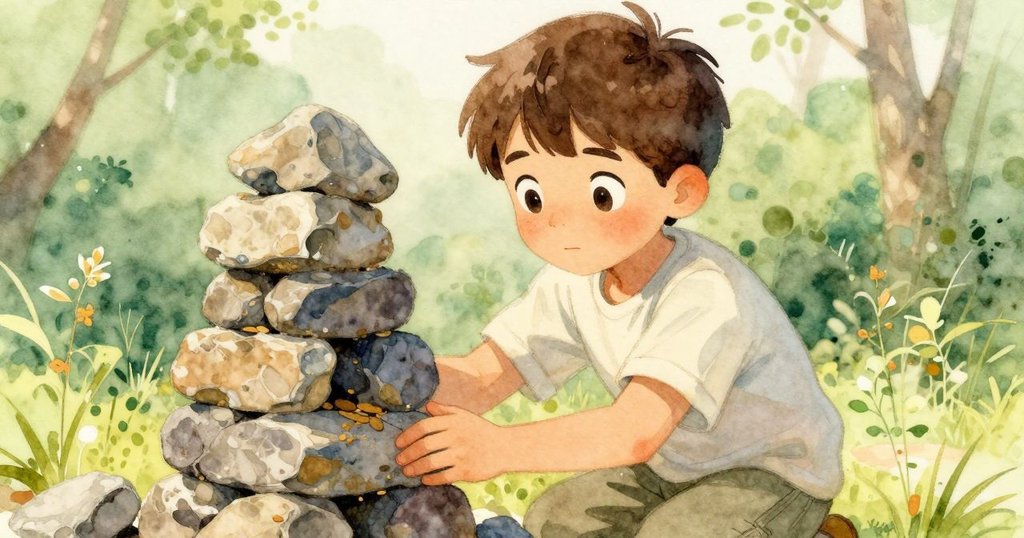 Felix專注地重建兩層石塔,手法細膩,溫暖光線下展現堅定信念與靜謐結局