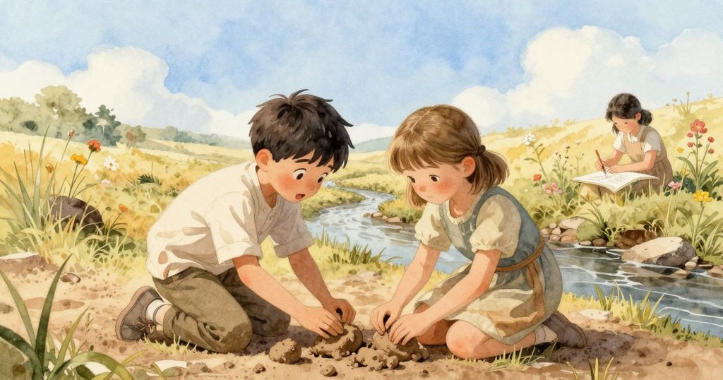 Dashiel在溪邊溫暖石頭上建造堤壩,Wanda畫著野花,畫面呈現開端與雙重視角,充滿生機。