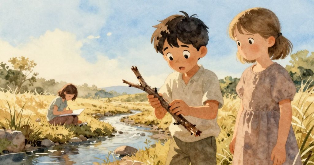 Dashiel凝視彎曲的濕木枝,水流在石縫中低唱,Wanda靜默畫出自然之美。